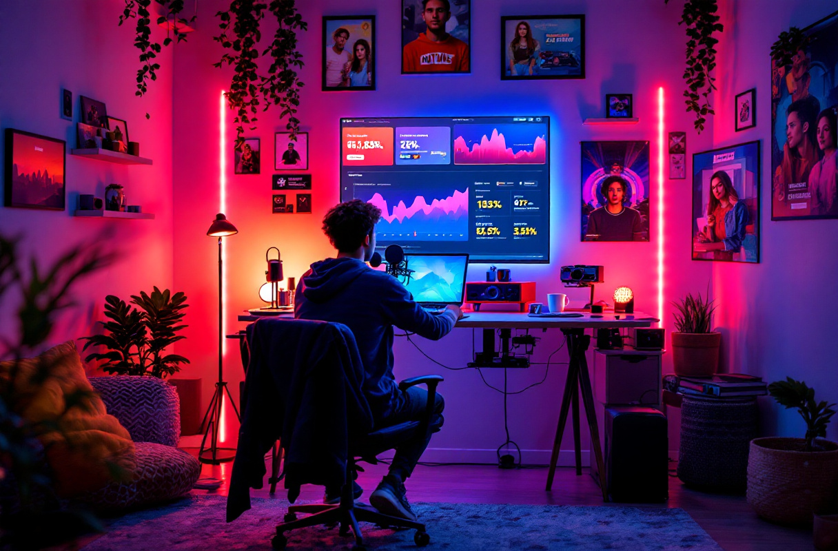 Homme travaillant dans un bureau coloré et décoré.