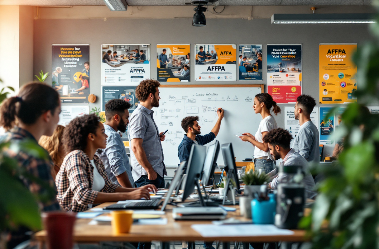Groupe en réunion autour d'un tableau blanc.