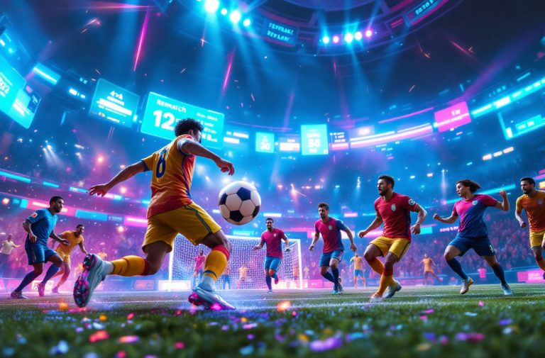 Match de football sous lumières vives dans un stade.