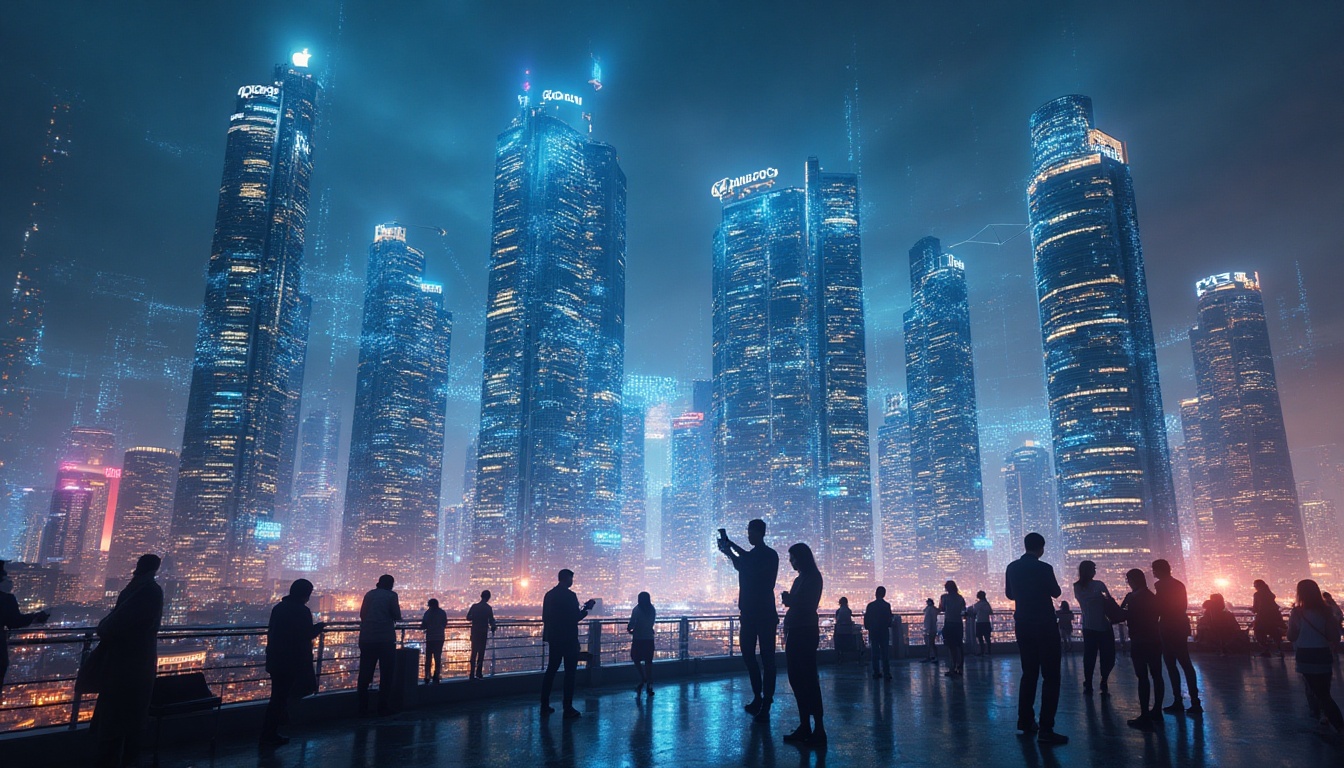 Silhouettes observant ville futuriste illuminée la nuit.