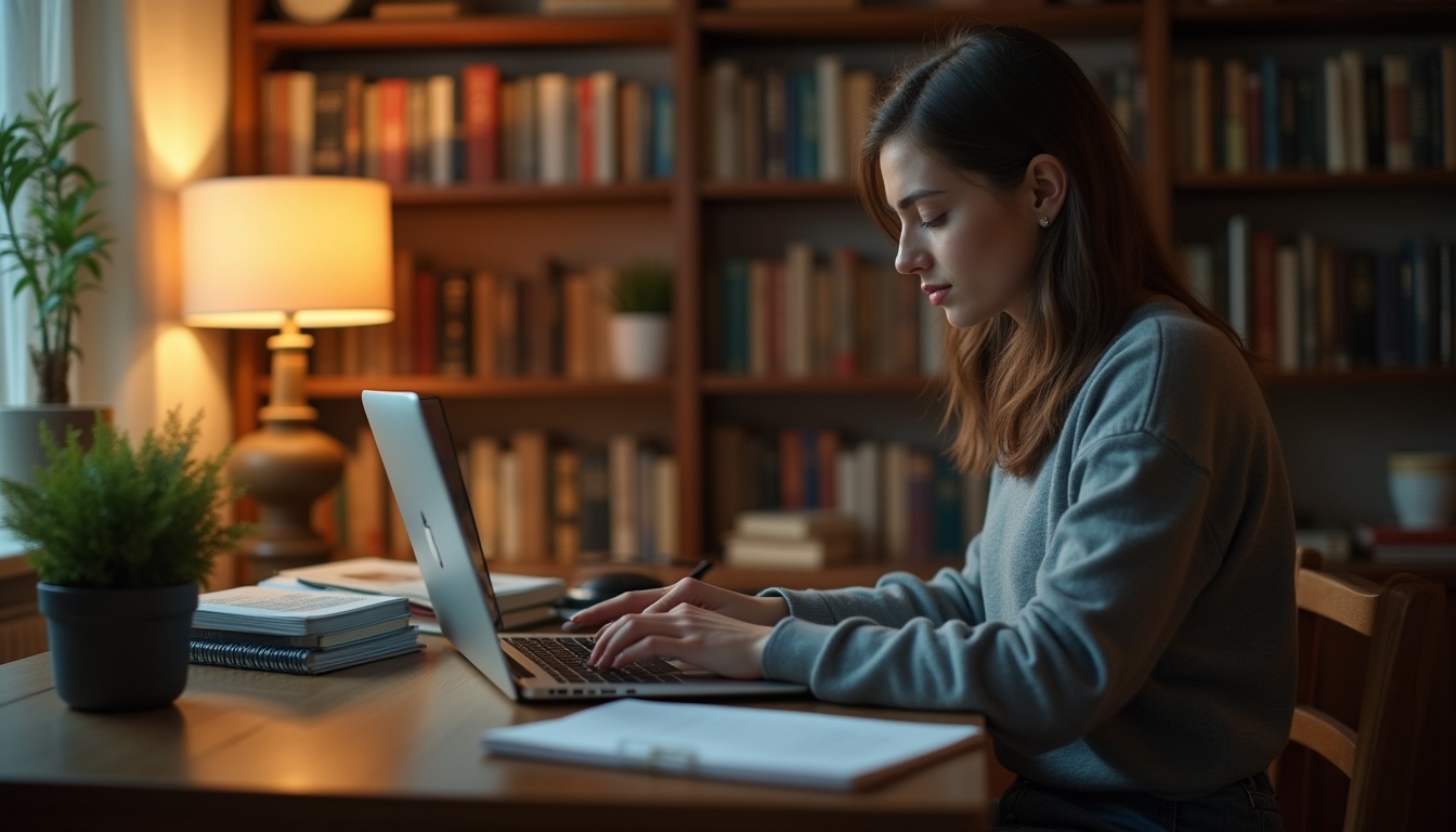 Étudiante travaillant sur ordinateur portable, bibliothèque en arrière-plan.
