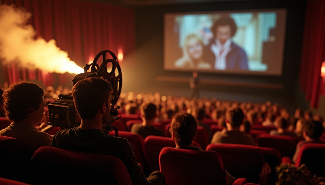 Projection de film dans une salle de cinéma comble.